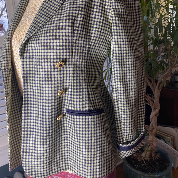 Petite sophisticate checkered double breasted navy & green/beige size 2p blazer - Picture 2 of 7